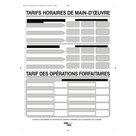 Affiches tarif horaires main-d oeuvre - Paquet de 5 affiches plastifiées